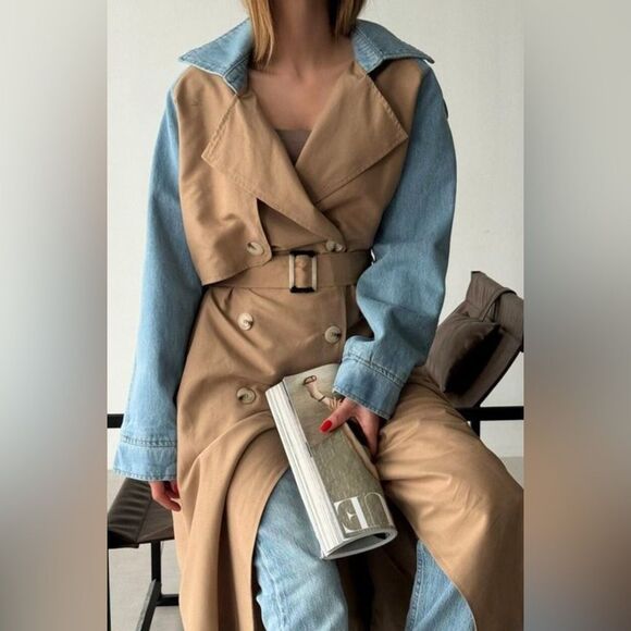 032. Trench Coat Jacket beige with denim sleeve - Picture 4 of 11